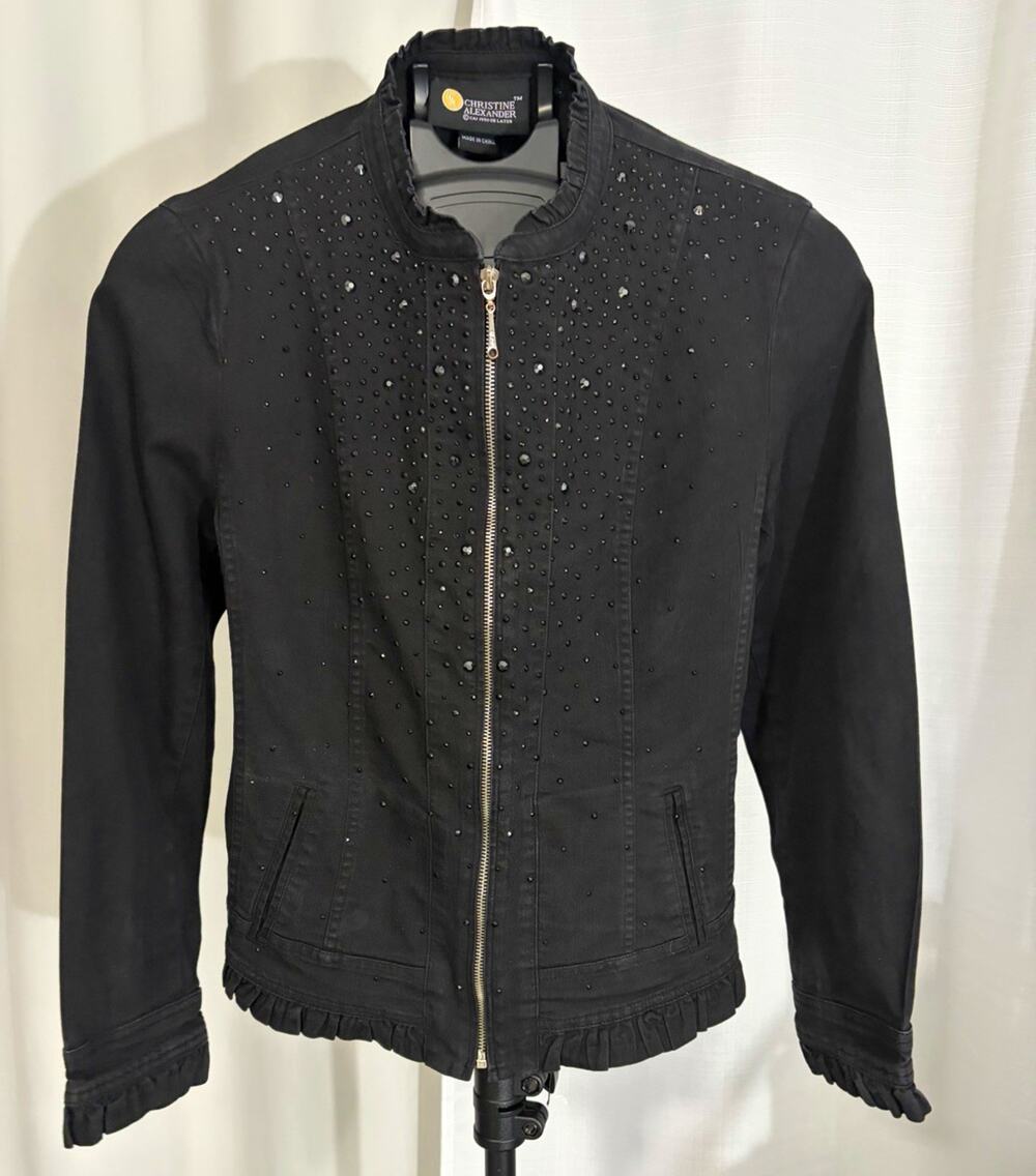 Christine Alexander Women's Black Studded Zip-Front Collared Short Jacket XL